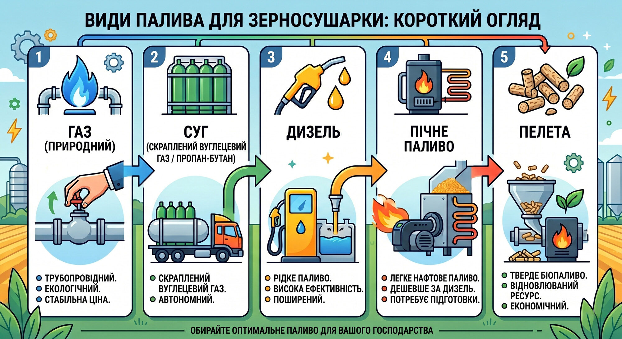 Види палива для зерносушарки: газ, СУГ, дизель, пічне паливо, пелета