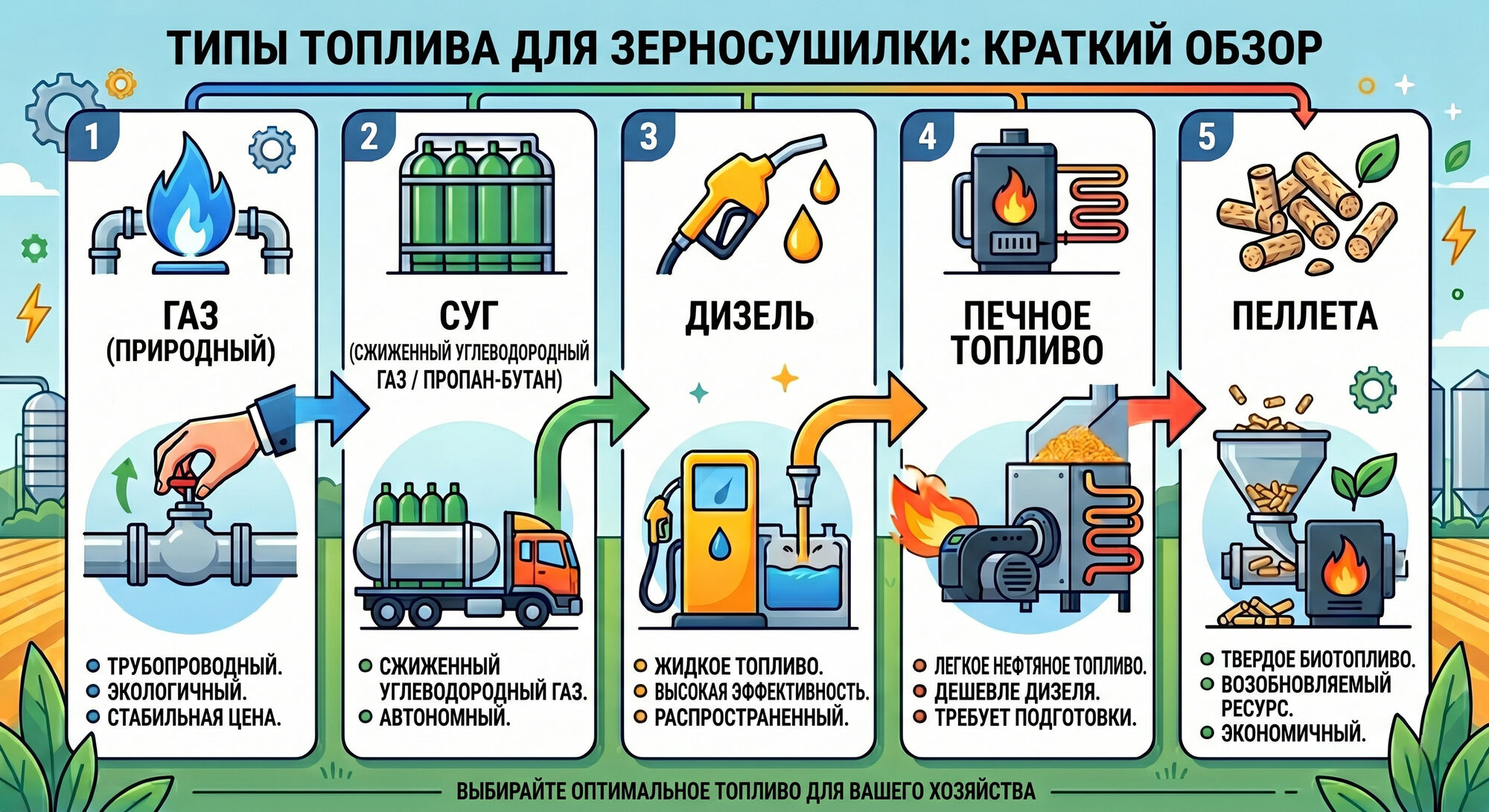 Виды топлива для зерносушилки: газ, СУГ, дизель, печное топливо, пеллета